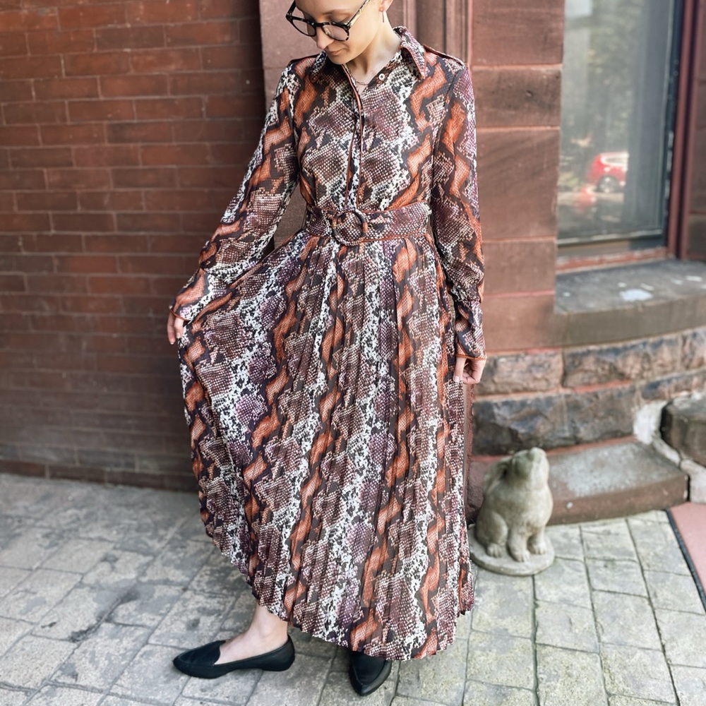 Karen Millen Pleated Collared Snakeskin Print Belted Maxi Shirtdress 2P NWT
